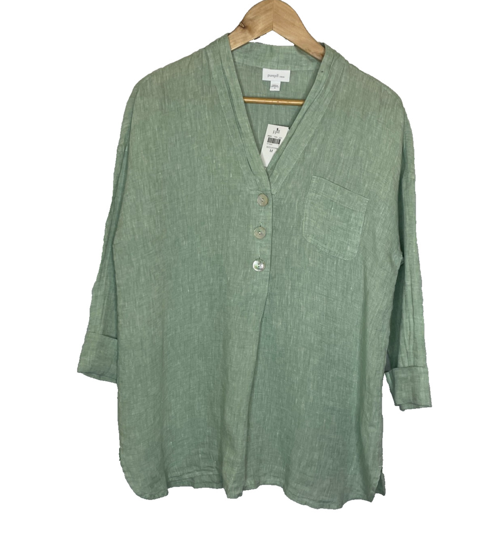 Women's Medium J.Jill Sage Green Button 100% Linen Oversized Blouse NEW